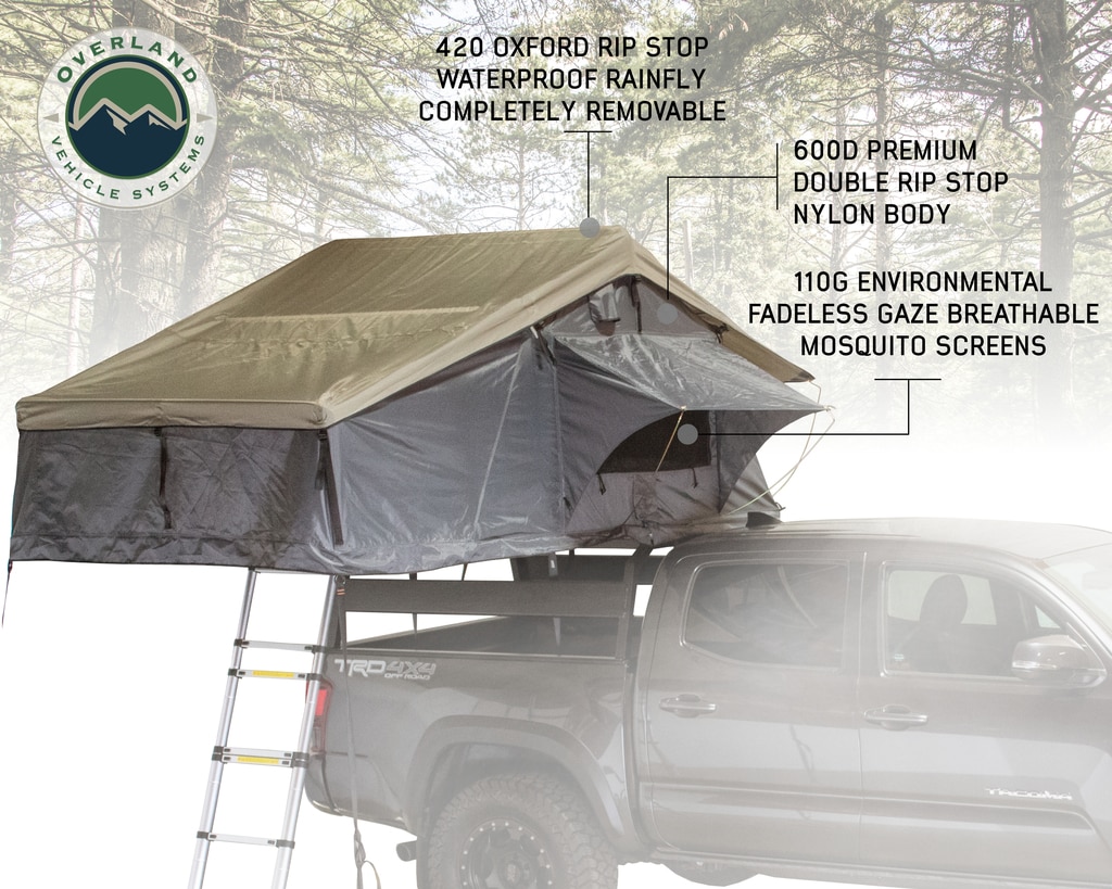 Overland Vehicle Systems Roof Top Tent 2 Person Extended Roof Top Tent Dark Gray Base With Green Rain Fly With Bonus Pack Nomadi