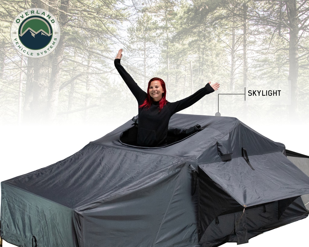 Overland Vehicle Systems Roof Top Tent 2 Person Extended Roof Top Tent Dark Gray Base With Green Rain Fly With Bonus Pack Nomadi