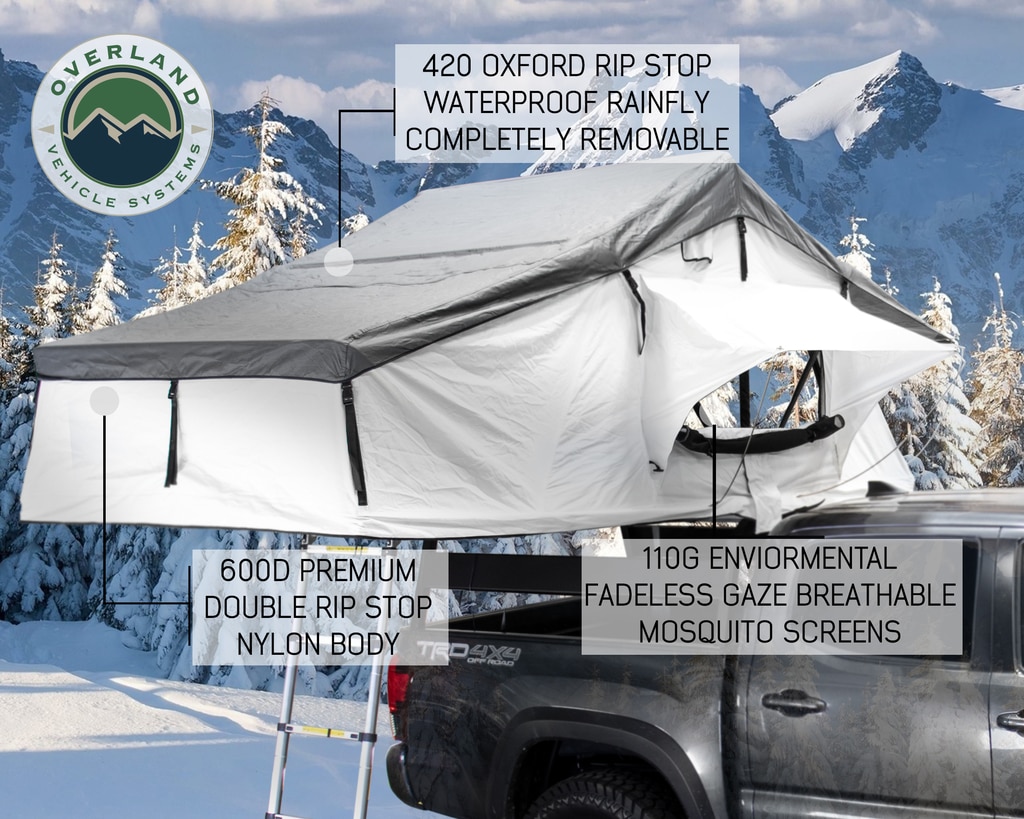 Overland Vehicle Systems Roof Top Tent Extended 3 Person Roof Top Tent With Annex White/Dark Gray Rain Fly Black Cover Nomadic A