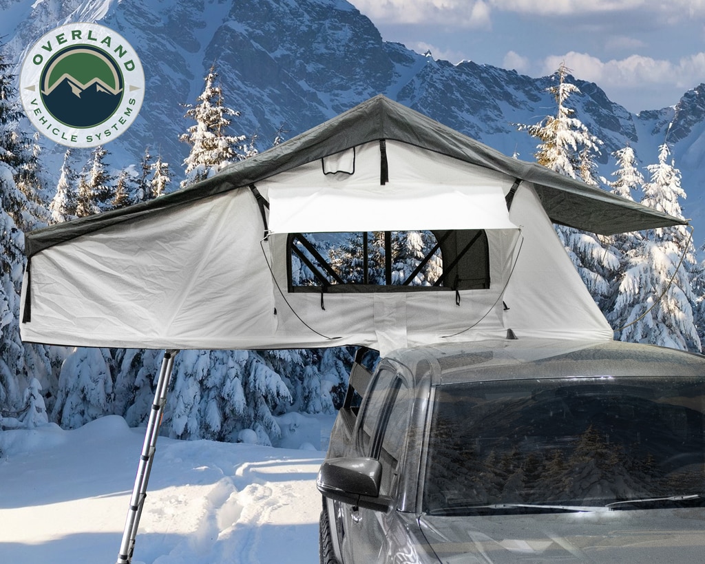 Overland Vehicle Systems Roof Top Tent Extended 3 Person Roof Top Tent White Base/ Dark Gray Rain Fly Black Cover Nomadic Arctic