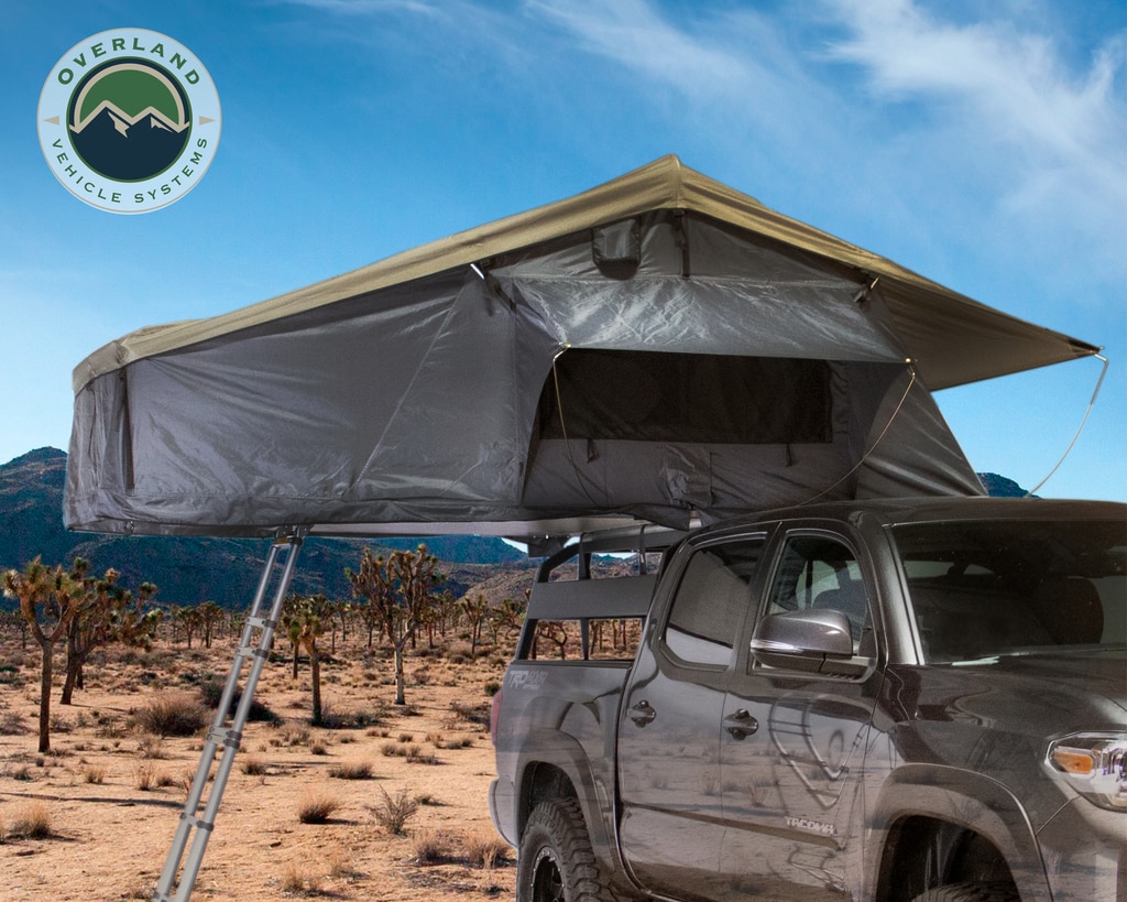 Overland Vehicle Systems Roof Top Tent 3 Person Extended Roof Top Tent Dark Gray Base With Green Rain Fly With Bonus Pack Nomadi