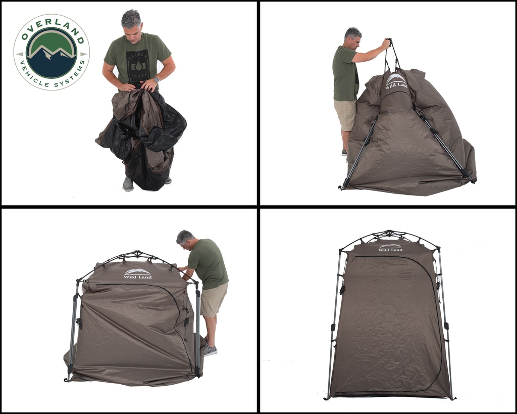 Overland Vehicle Systems Portable Shower and Privacy Room Retractable Floor, Amenity Pouches 5x7 Foot Quick Set Up