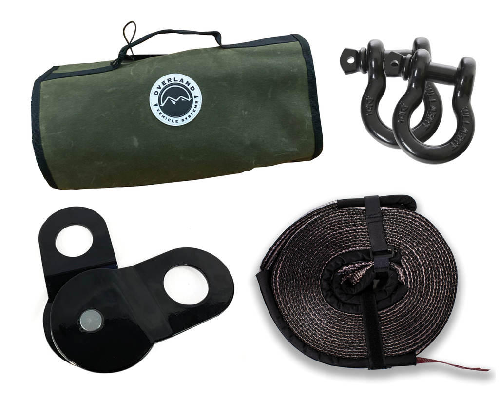 Overland Vehicle Systems Recovery Wrap Kit Including 20 Inch Tow Strap Pair of Black D-Rings Snatch Block and Canvas Bag