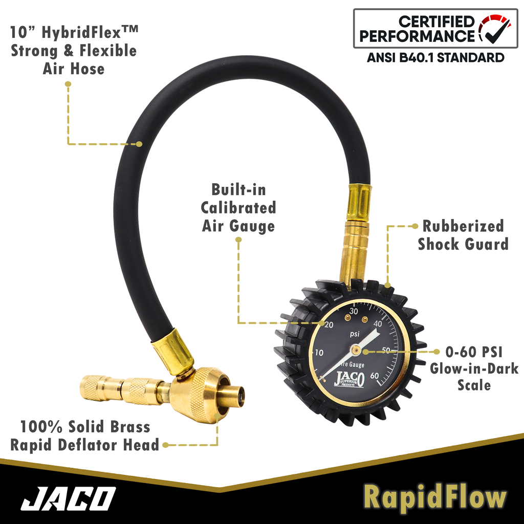 JACO RapidFlow Tire Deflator Gauge (0-60 PSI)